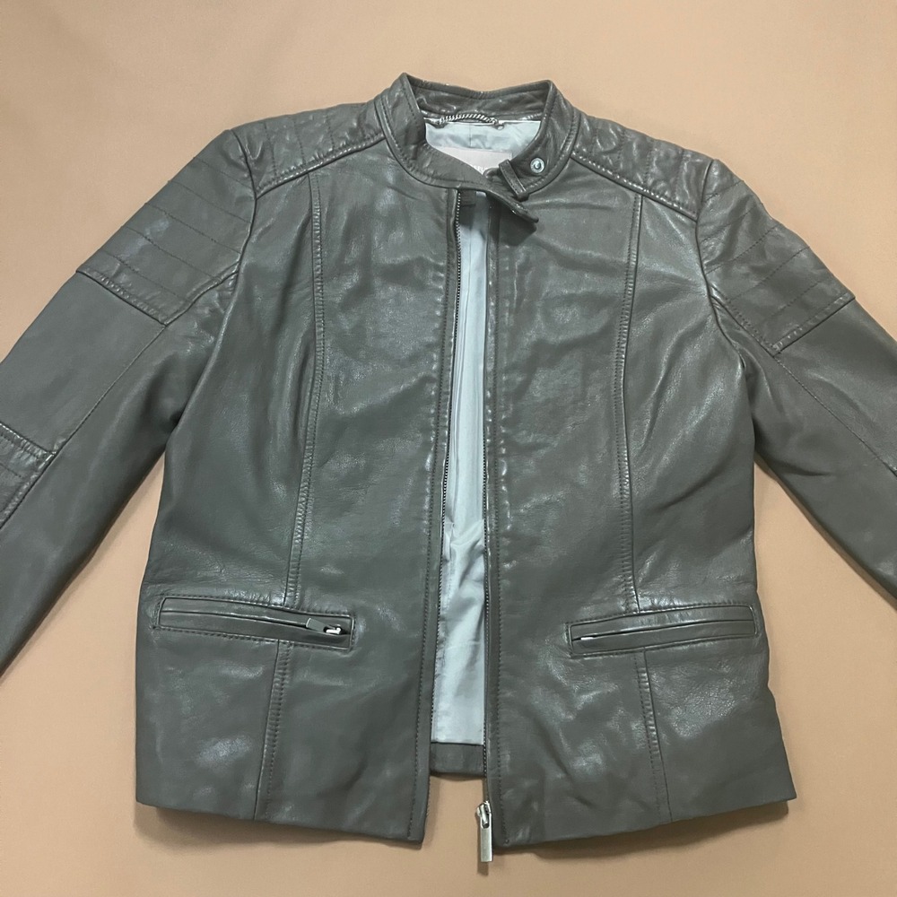 Banana Republic Womens XS Gray‎ Leather Moto Jacket Quilted Biker Designer Coat
